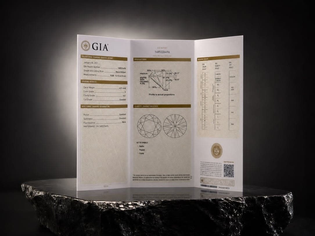 An opened GIA natural diamond grading report showing grading results, proportions, and the clarity characteristics diagram